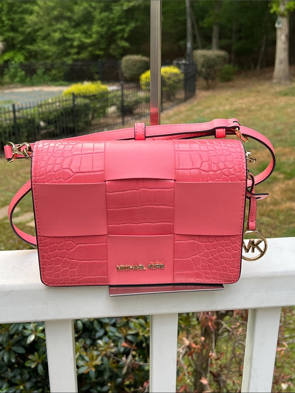 Michael Kors Pink Croc-Embossed Woven Crossbody Bag
